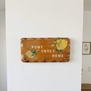 Home Sweet Home Yellow Floral Wooden Wall Hook Rack
